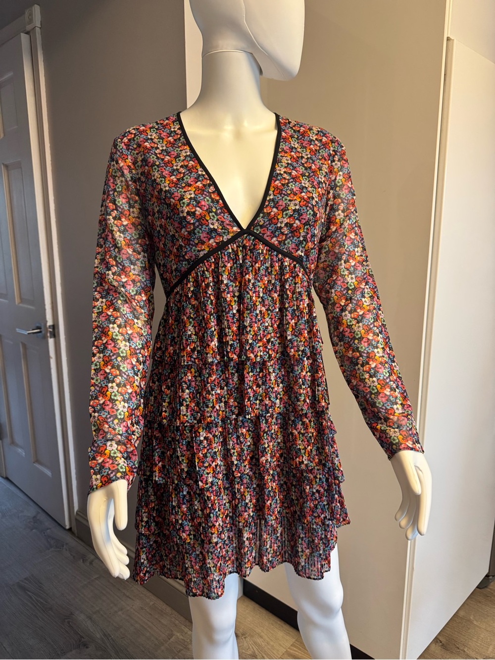 The Kooples The Floral Tiered V-Neck Long Sleeve Dress -French size 2/Medium